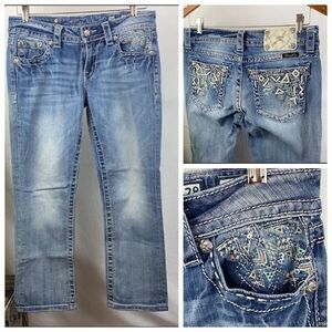 Miss Me Women's Blue Jeans Signature Cropped Leather Pocket Low Rise 28